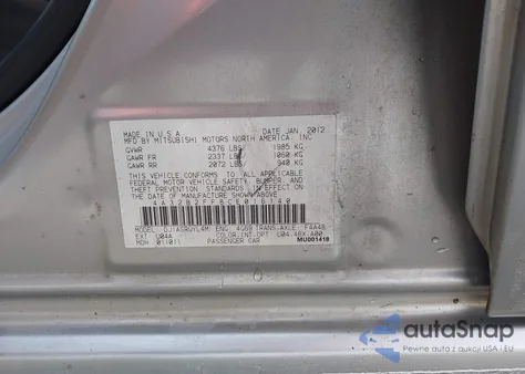 2012 Mitsubishi Galant Fe from USA, damaged, VIN 4A32B2FF8CE016140